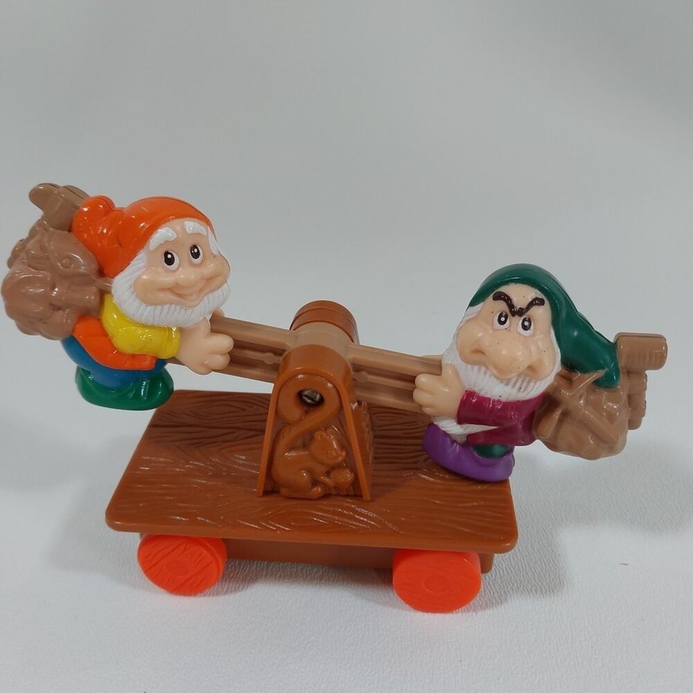 Disney Toy Snow White 1992 Happy Meal Happy & Grumpy On Up & Down Handcar T4
